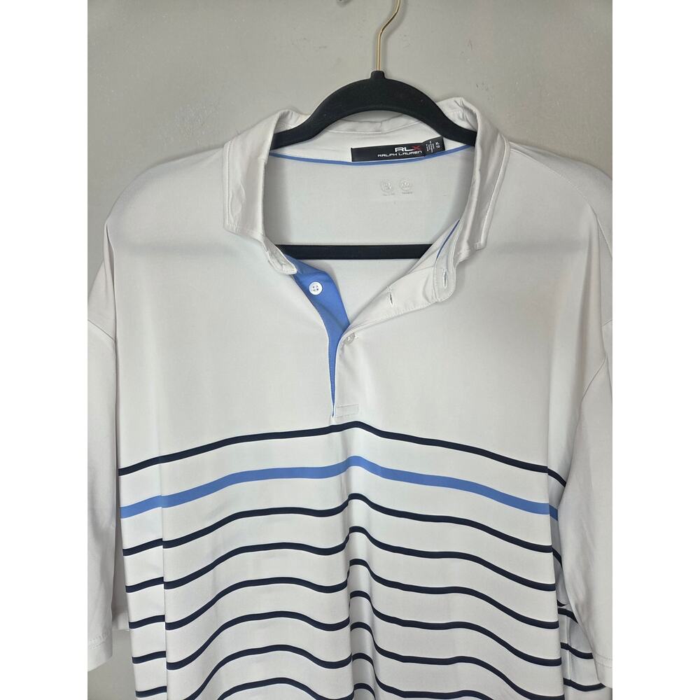 RLX Ralph Lauren Mens XL Golf Polo White Blue Striped Performance Shirt